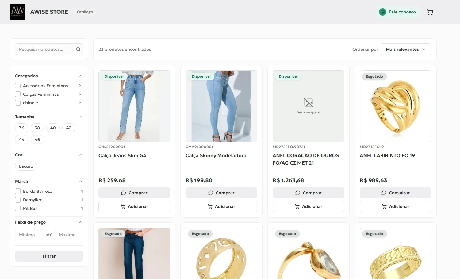 Tela de catálogo do Awise no computador, com filtros, busca e grade de produtos com preço