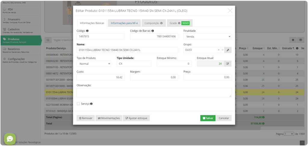 Tela de Editar Produtos do QuantoSobra - Sistema de Gestão Online Completo